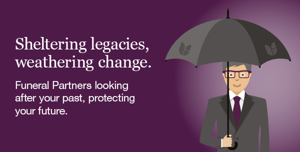 Illustration of a man holding an umbrella with text saying sheltering legacies, weathering change